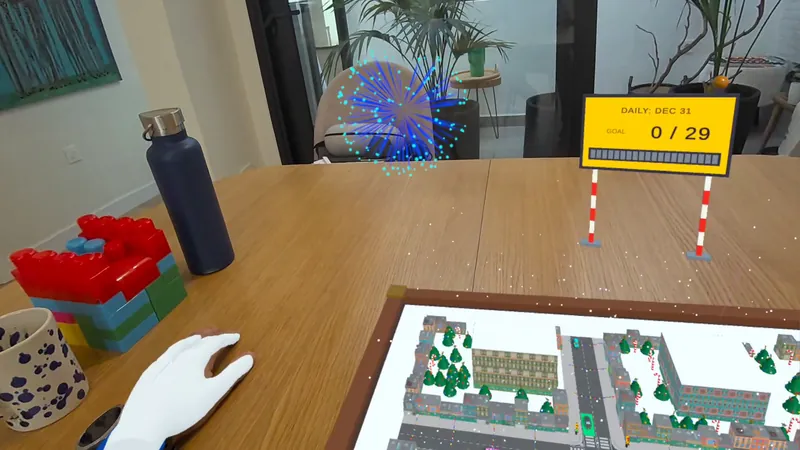 Una botella, una taza y unas piezas de construcción sobre la mesa, junto a la ciudad